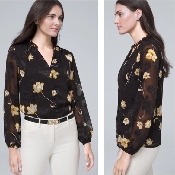 White House Black Market Tops - NWT White House Black Market Floral Blouse Women Black Hook & Button Top Sz 10
